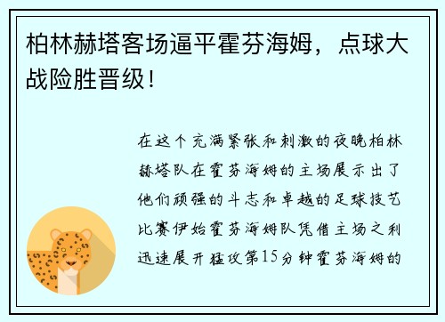 柏林赫塔客场逼平霍芬海姆，点球大战险胜晋级！