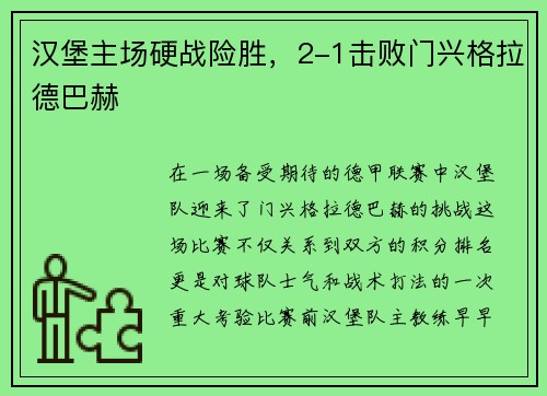 汉堡主场硬战险胜，2-1击败门兴格拉德巴赫