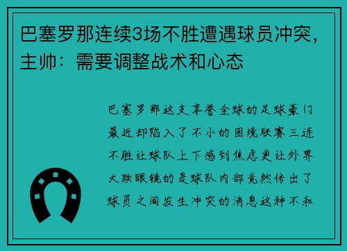 巴塞罗那连续3场不胜遭遇球员冲突，主帅：需要调整战术和心态