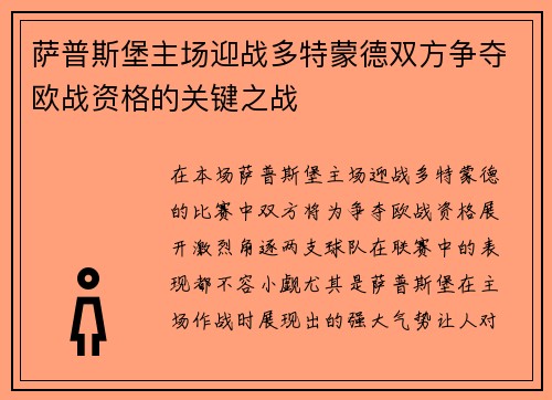 萨普斯堡主场迎战多特蒙德双方争夺欧战资格的关键之战