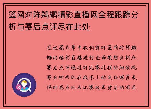 篮网对阵鹈鹕精彩直播网全程跟踪分析与赛后点评尽在此处
