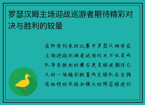 罗瑟汉姆主场迎战巡游者期待精彩对决与胜利的较量