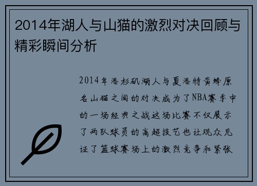 2014年湖人与山猫的激烈对决回顾与精彩瞬间分析