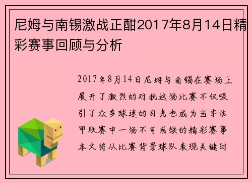 尼姆与南锡激战正酣2017年8月14日精彩赛事回顾与分析