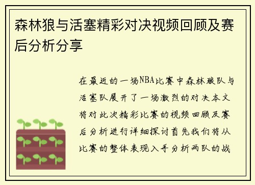森林狼与活塞精彩对决视频回顾及赛后分析分享