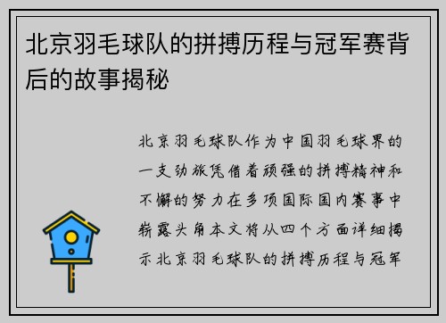北京羽毛球队的拼搏历程与冠军赛背后的故事揭秘