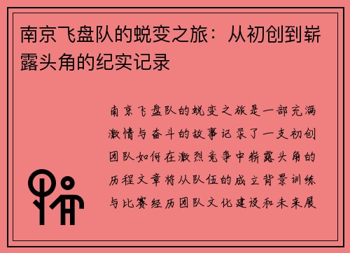 南京飞盘队的蜕变之旅：从初创到崭露头角的纪实记录